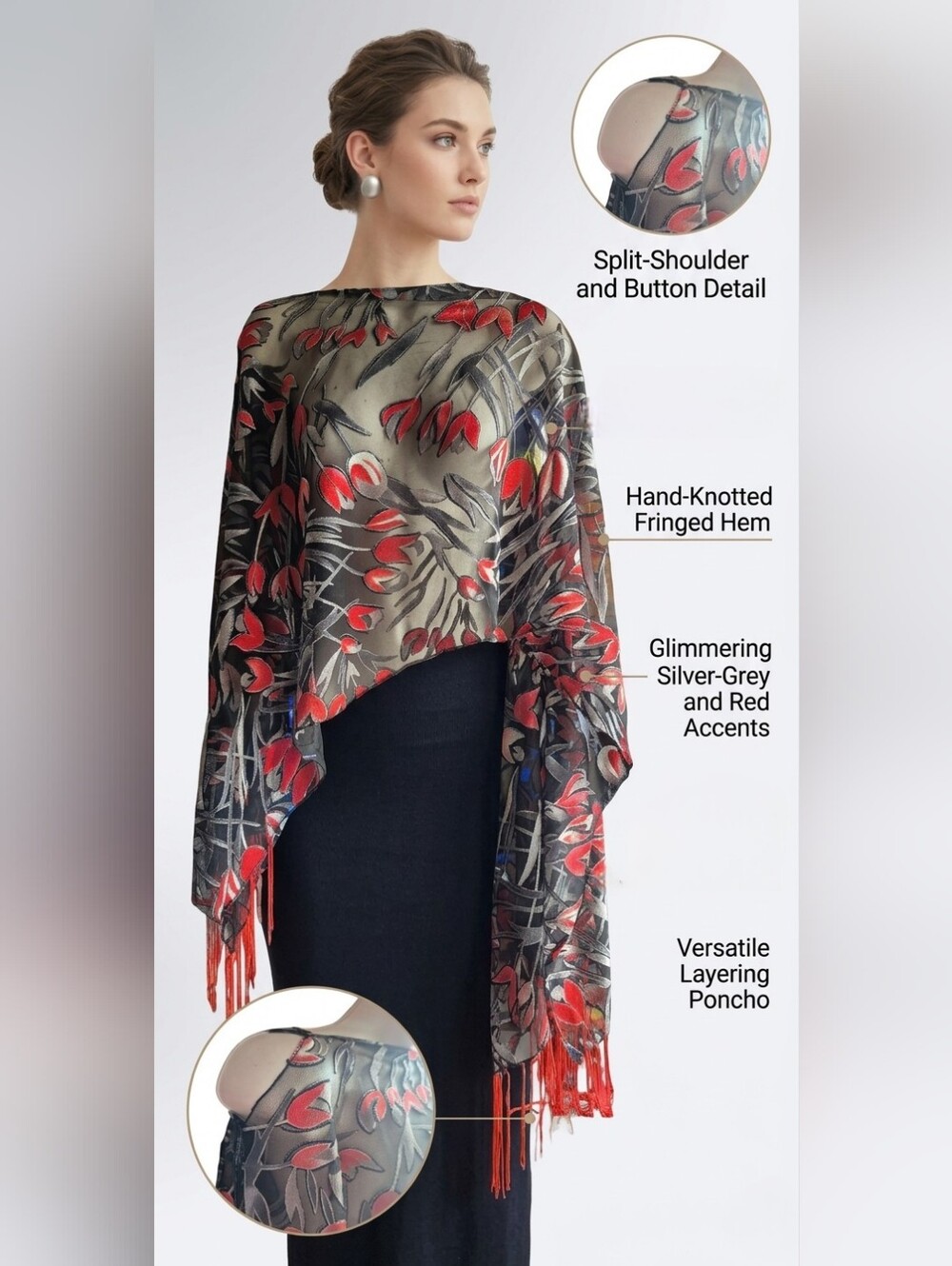NWOT Sheer Red/Black Floral Layering Fringed Poncho